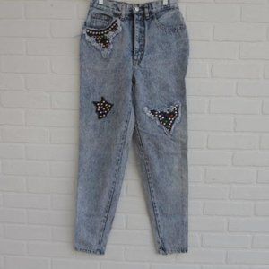 Vintage 90s American Dakota Blue Acid Wash High Rise Studded Patch Jeans Size 7